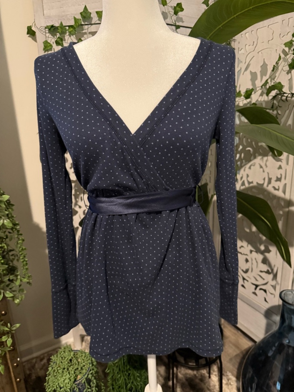 Hollister Navy Dot Wrap-Style Long Sleeve Dress